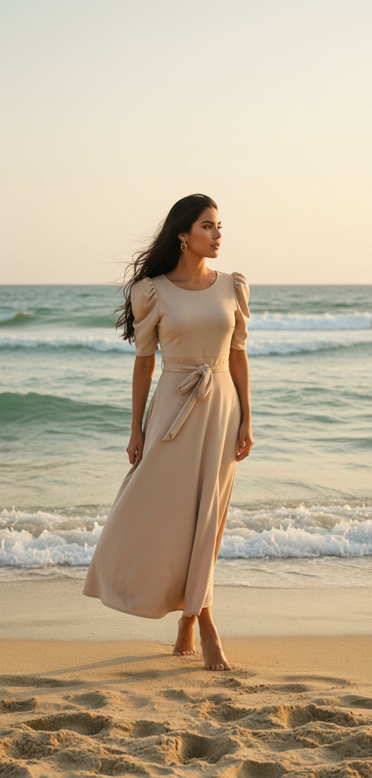 Vestido largo con manga de princesa Beige