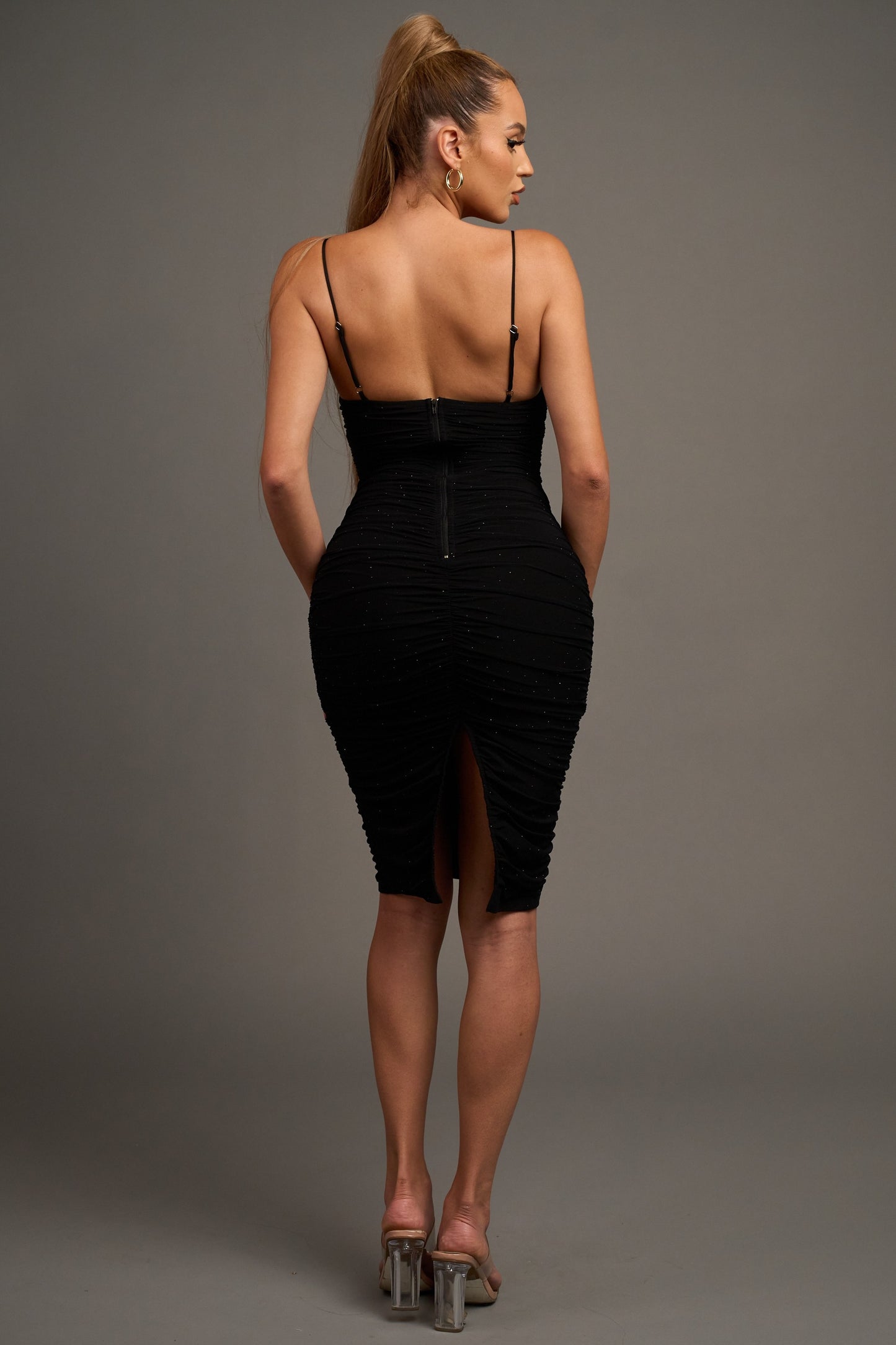 ROMANTIC HOTFIX ROSETTES RUCHED KNEE LENGHT DRESS