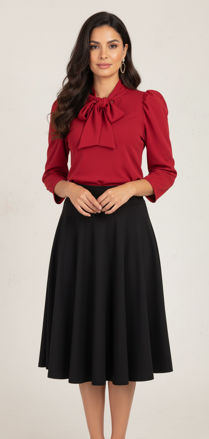 Blusa Manga Tres Cuartos con Lazo en el Cuello Rojo