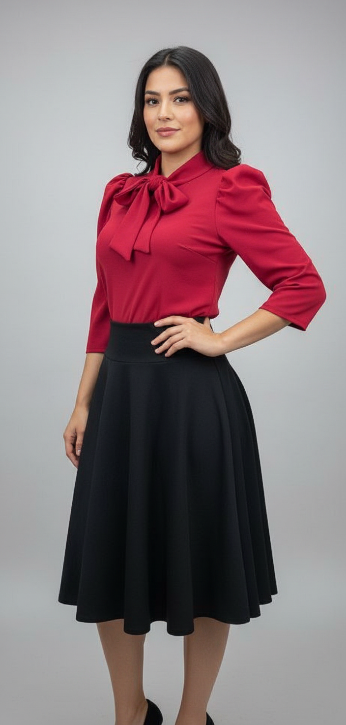 Blusa Manga Tres Cuartos con Lazo en el Cuello Rojo