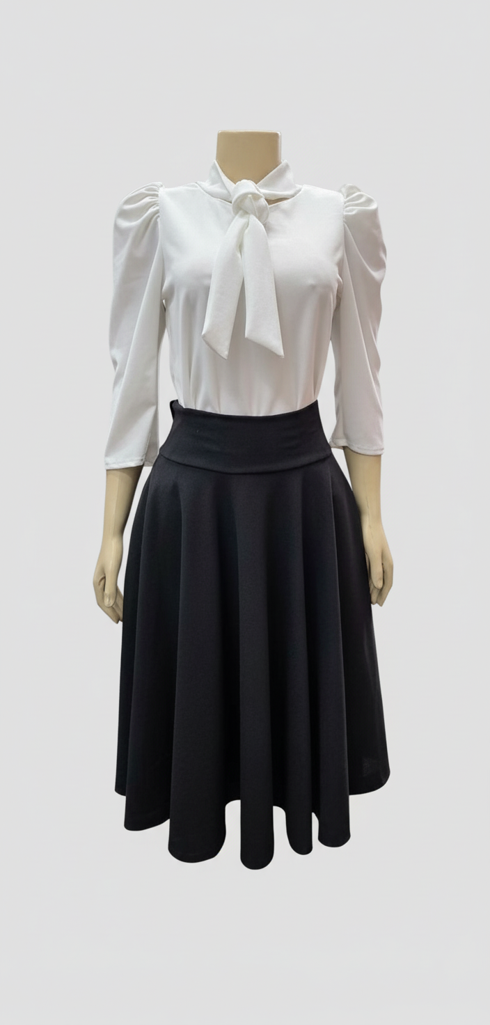 Blusa Manga Tres Cuartos con Lazo en el Cuello Blanco