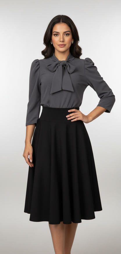 Blusa Manga Tres Cuartos con Lazo en el Cuello Gris