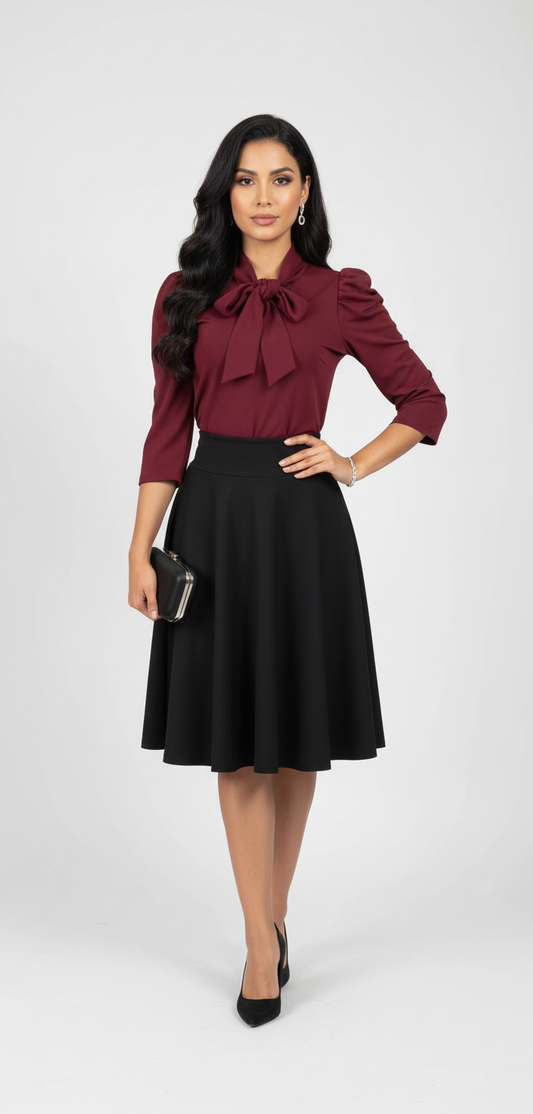 Blusa Manga Tres Cuartos con Lazo en el Cuello Burgandy